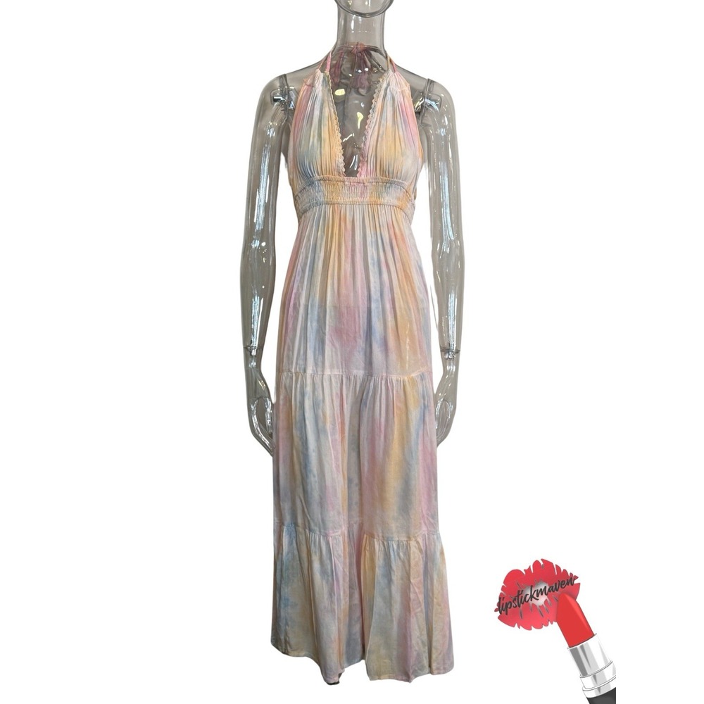 Boho Me Halter Dress Womens XS Pink Tie Dye Colorful Maxi Beach